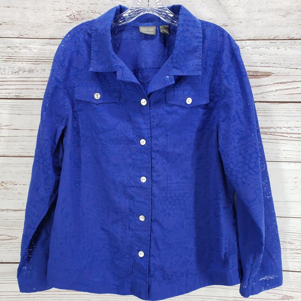 Additions by Chico's Women's Blue Floral Semi Sheer Long Sleeve Top Size 3